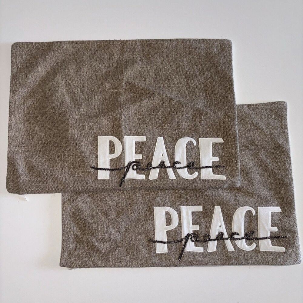 Pottery Barn Peace Embroidered Bead Pillow Covers Set Of 2 Lumbar 14x20 Holiday